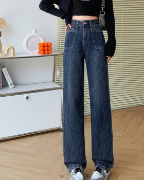Pocket denim mopping pants high waist lengthen long pants