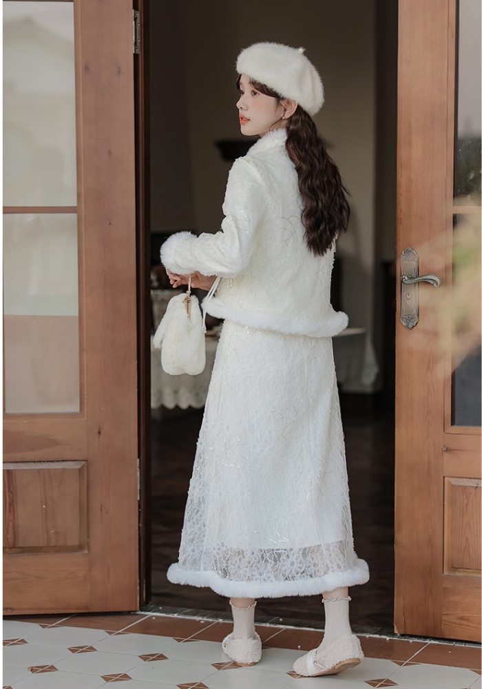 Winter coat collocation sequins skirt 2pcs set for women
