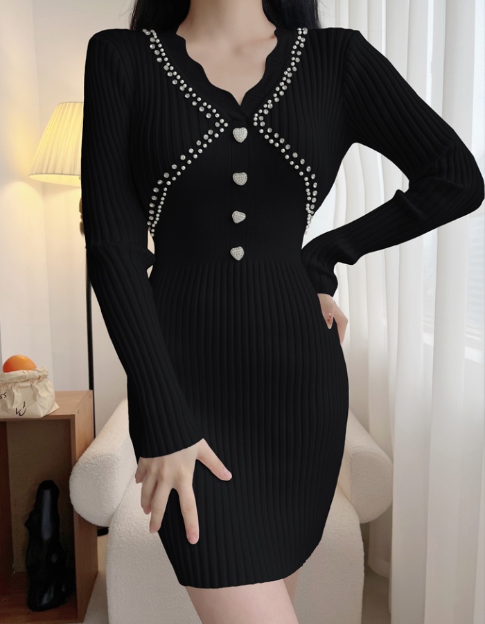 V-neck lace knitted France style temperament dress