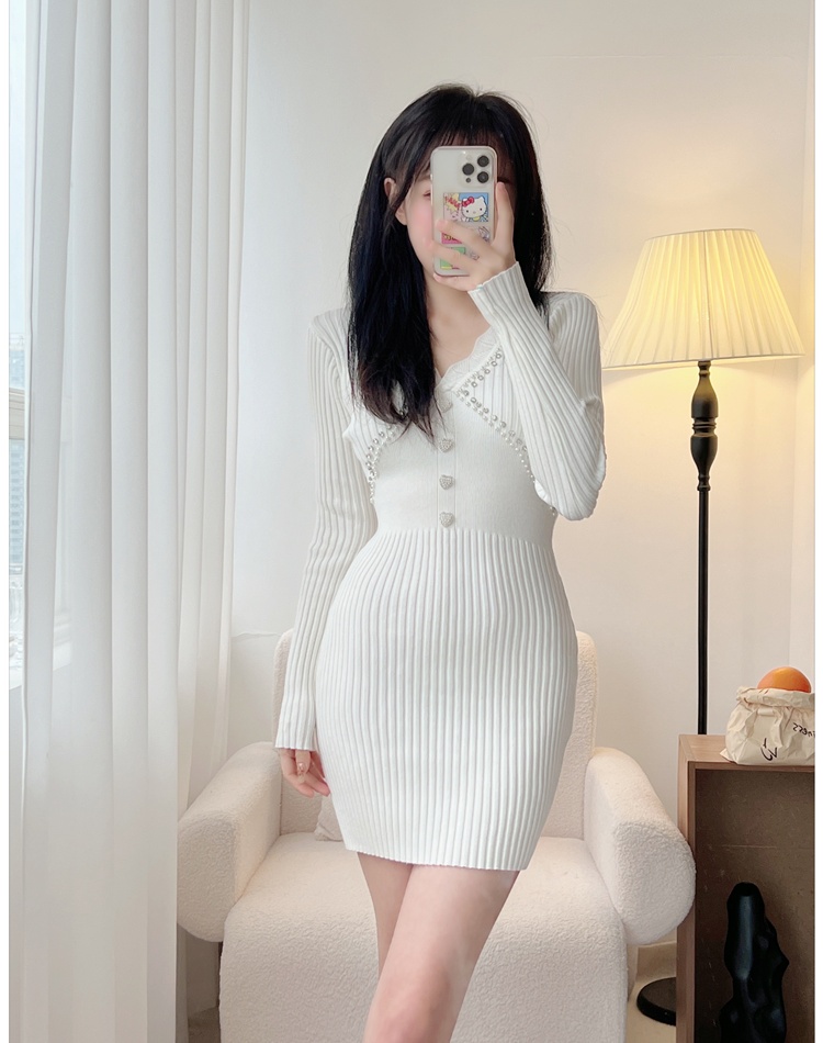 V-neck lace knitted France style temperament dress