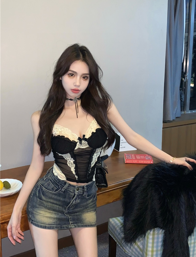 Bow splice sexy vest slim lace enticement tops for women