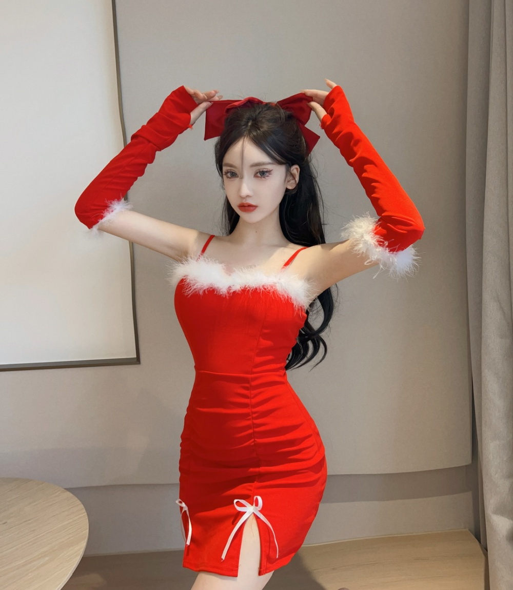 Slim wrapped chest red sexy pinched waist christmas dress