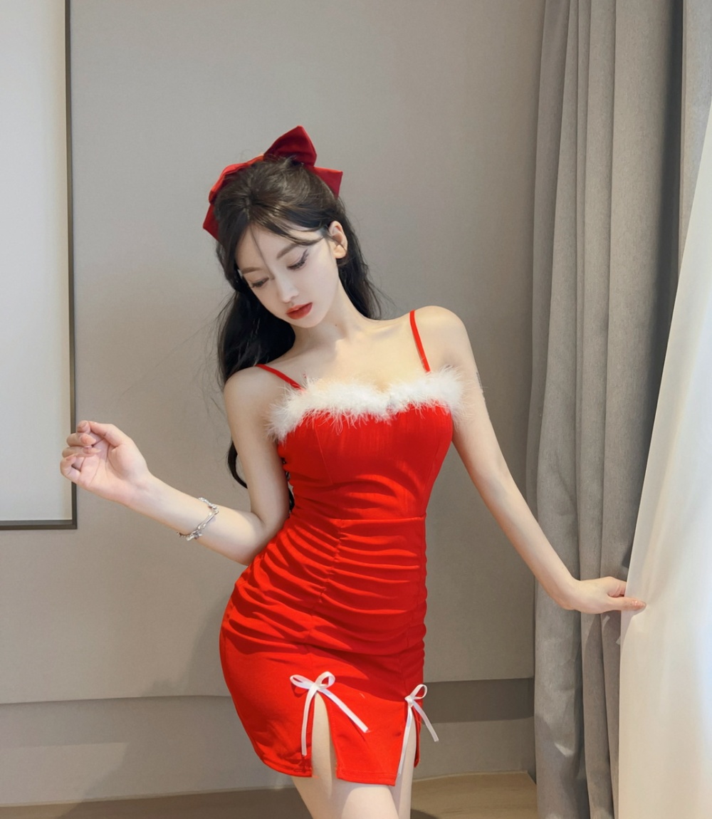 Slim wrapped chest red sexy pinched waist christmas dress