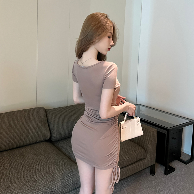 Folds slim package hip drawstring dress for women
