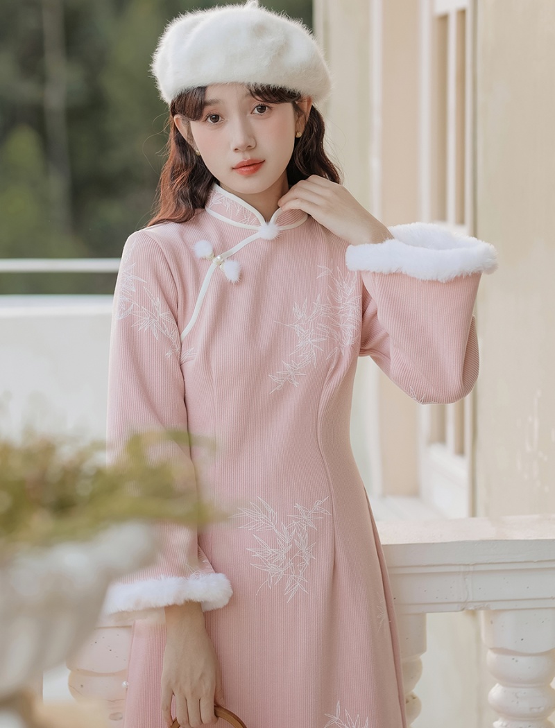 Temperament tender pink dress winter maiden cheongsam