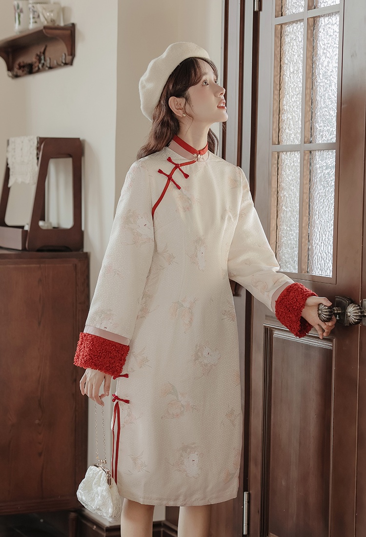 Printing embroidered dress retro winter cheongsam