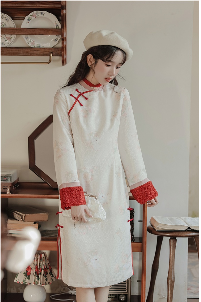 Printing embroidered dress retro winter cheongsam
