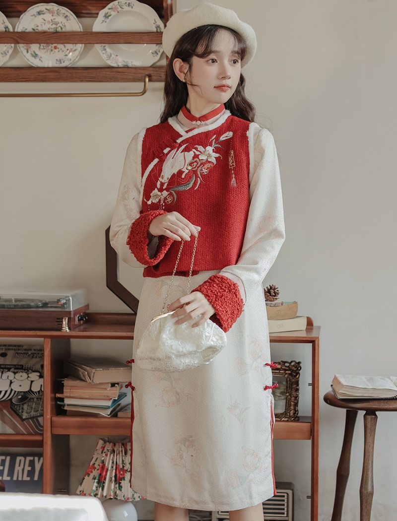 Embroidered winter cheongsam printing dress 2pcs set