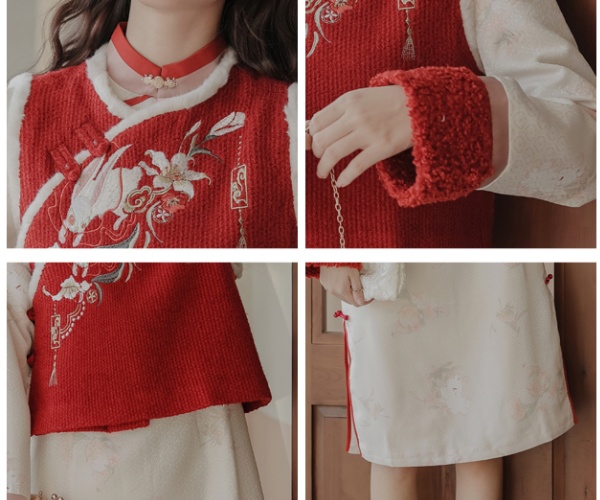 Embroidered winter cheongsam printing dress 2pcs set