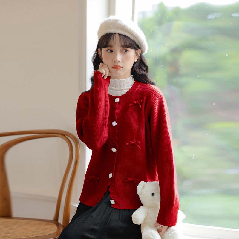 Christmas loose bow decoration coat thermal red sweater