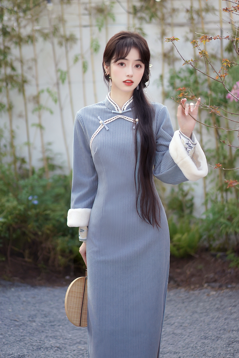 Thick retro plus velvet cheongsam long sleeve blue dress