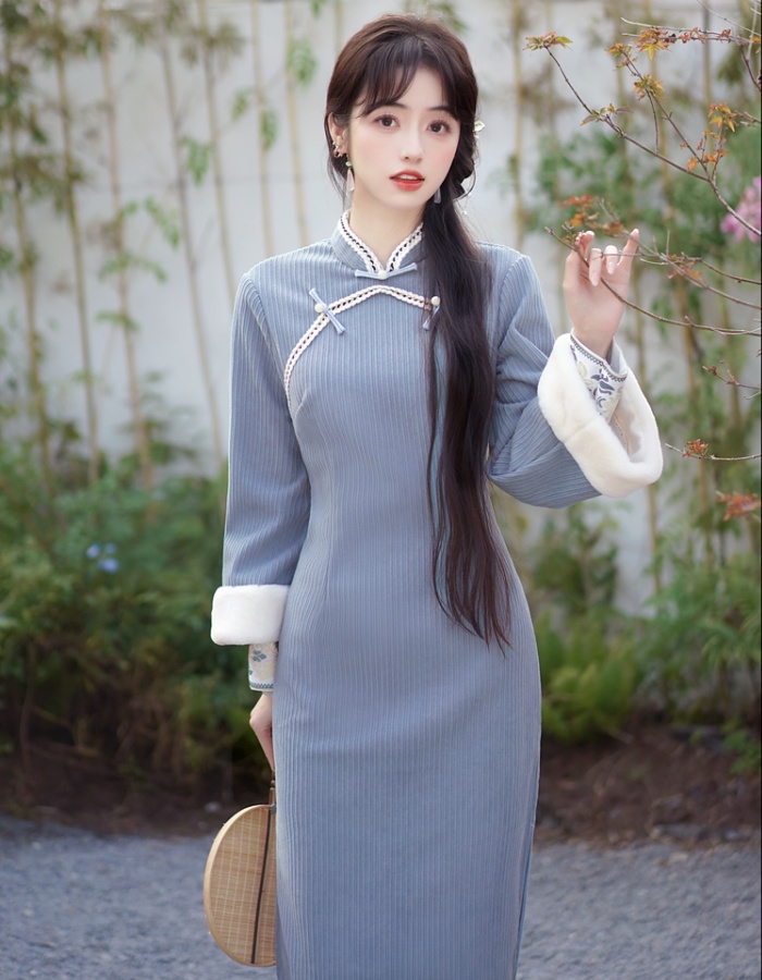 Thick retro plus velvet cheongsam long sleeve blue dress
