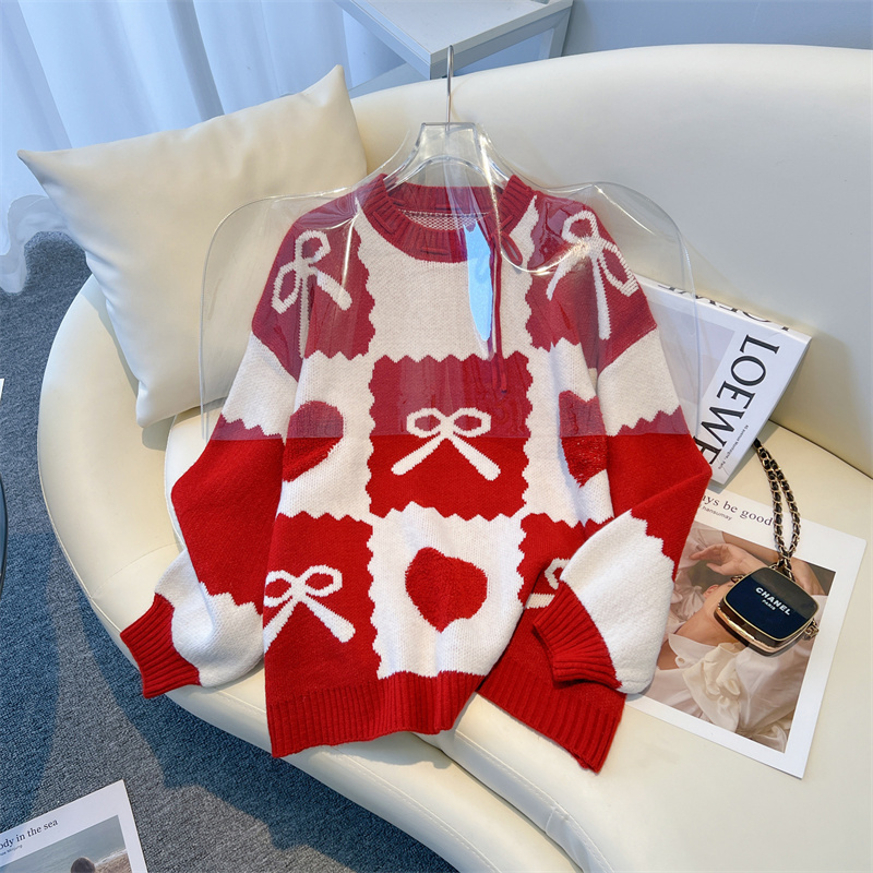 Autumn and winter bow drawstring red sweater for women