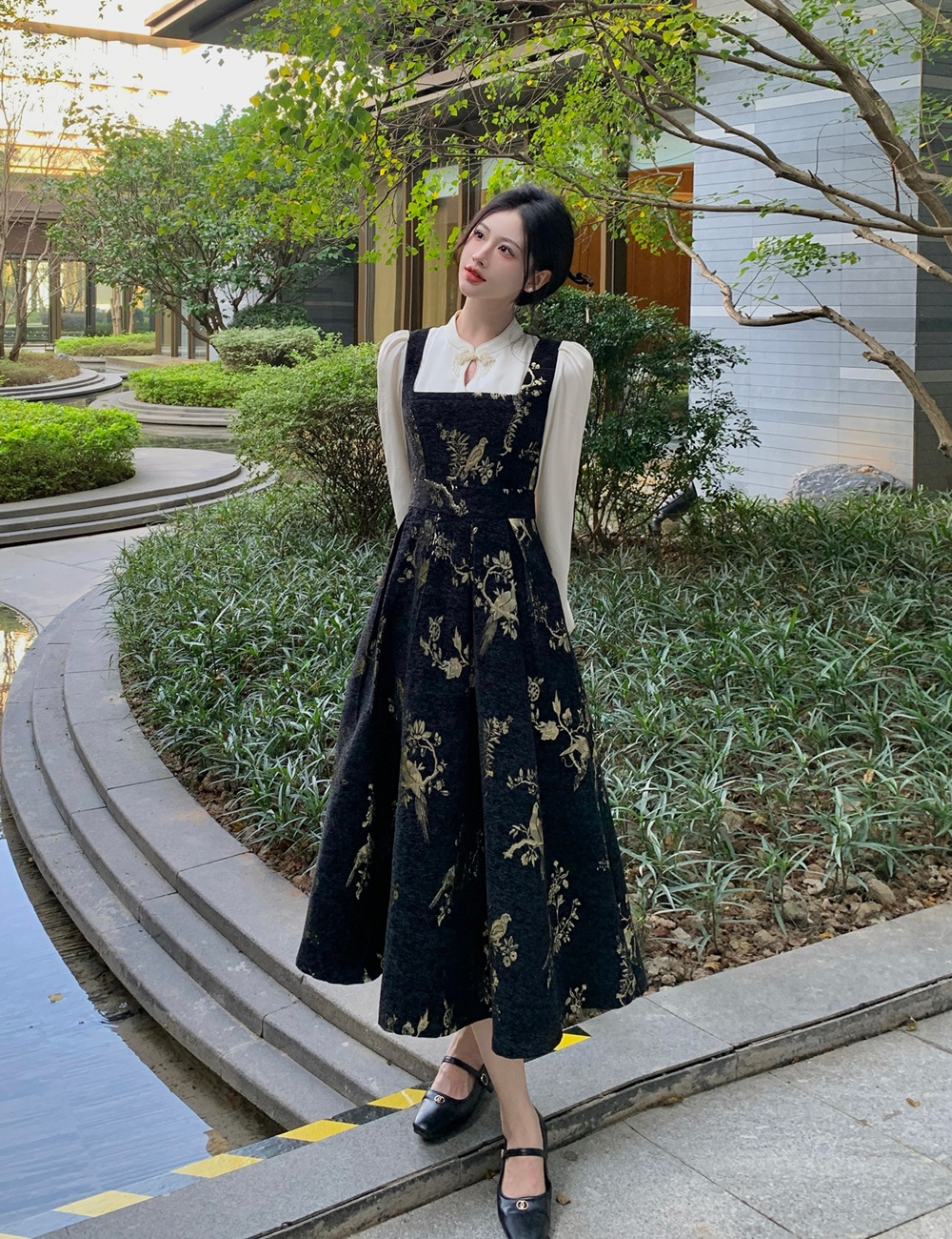 Chinese style Pseudo-two drape A-line dress for women
