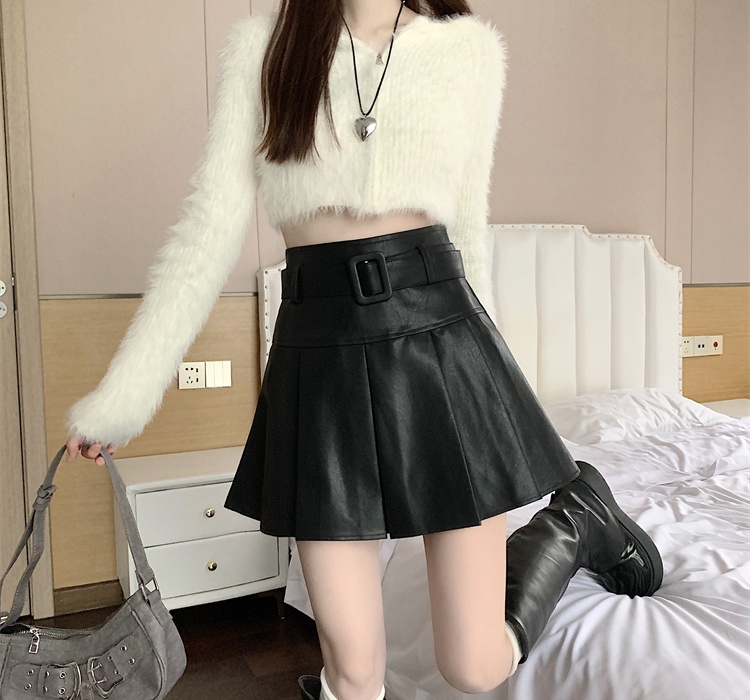 PU Korean style all-match skirt with belt winter short skirt
