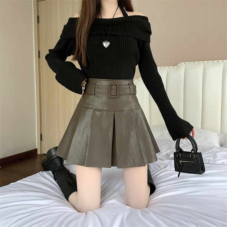 PU Korean style all-match skirt with belt winter short skirt