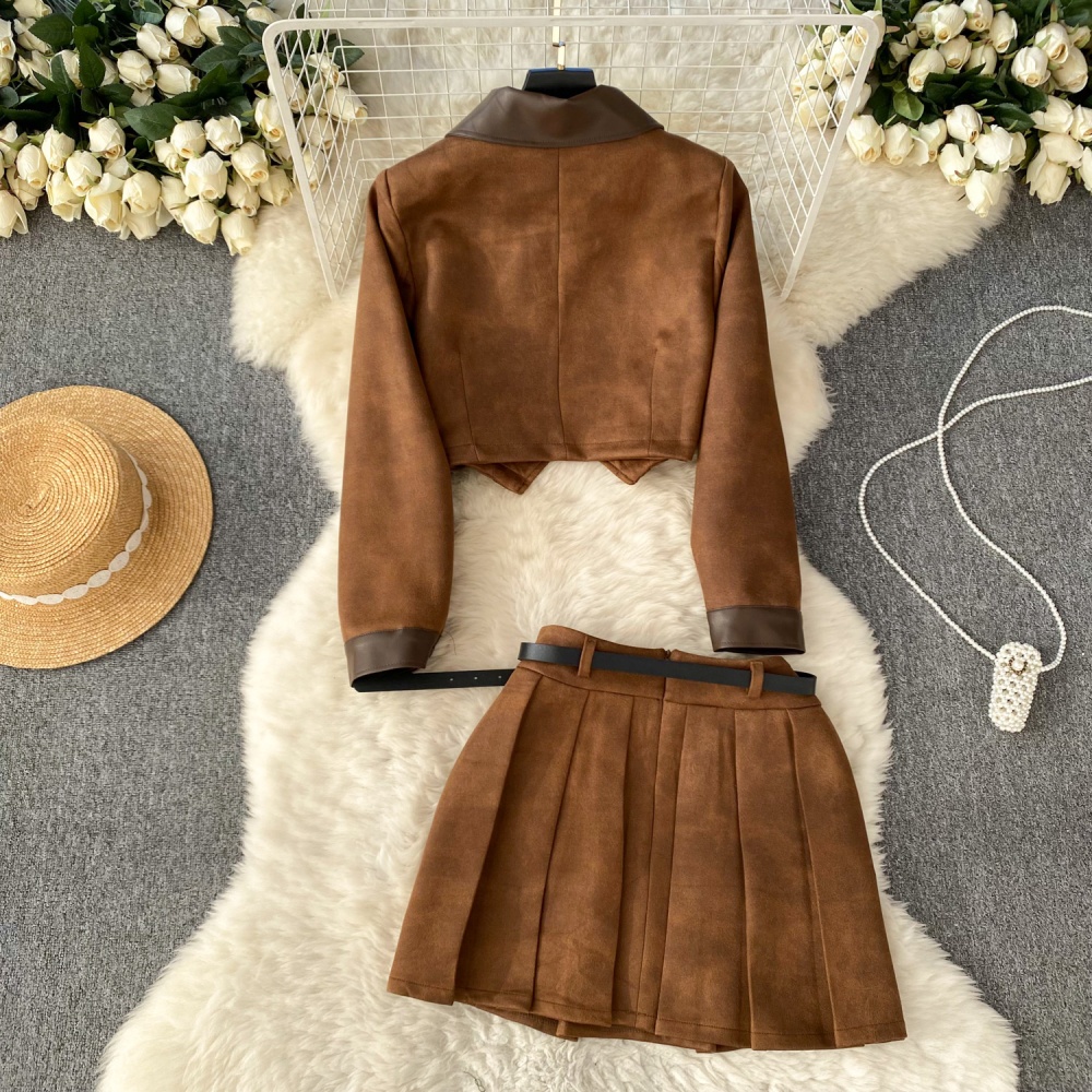 Velvet jacket pleated short skirt 2pcs set