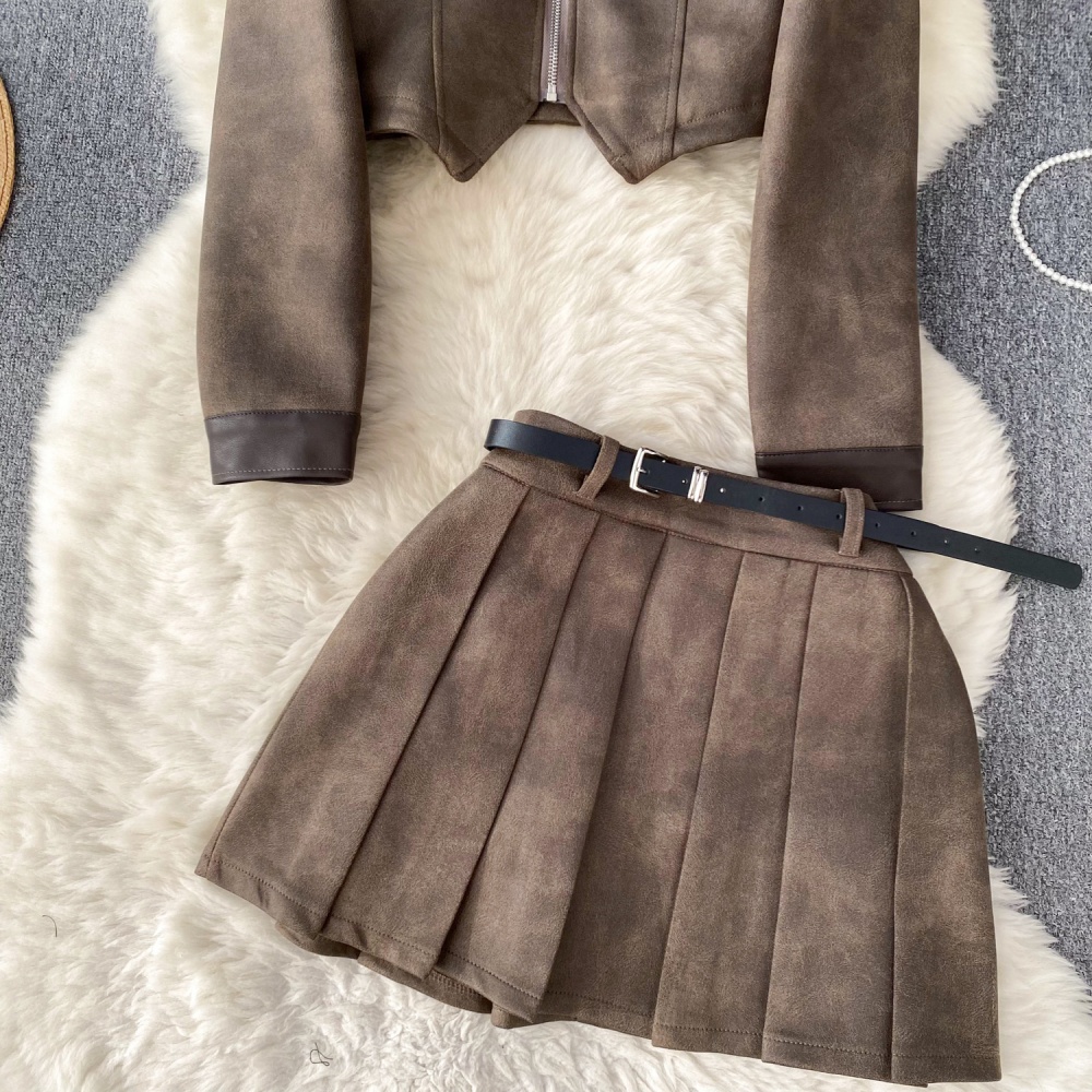 Velvet jacket pleated short skirt 2pcs set