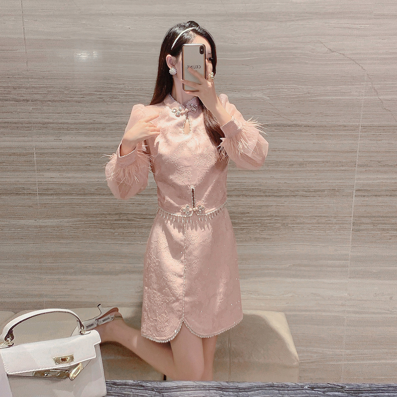 Chinese style jacquard skirt beading light luxury tops 2pcs set