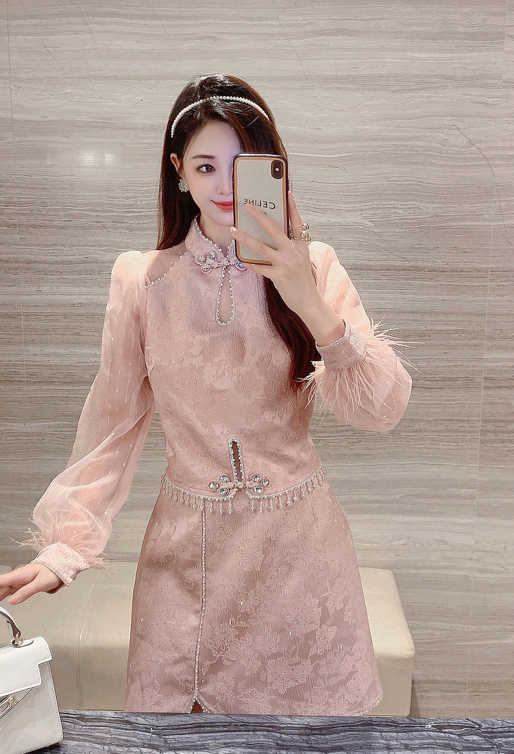 Chinese style jacquard skirt beading light luxury tops 2pcs set