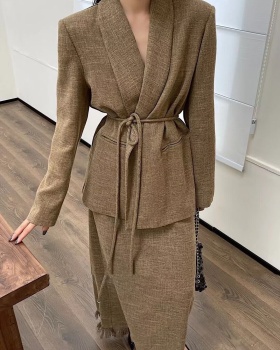 Tassels business suit long coat 2pcs set for women