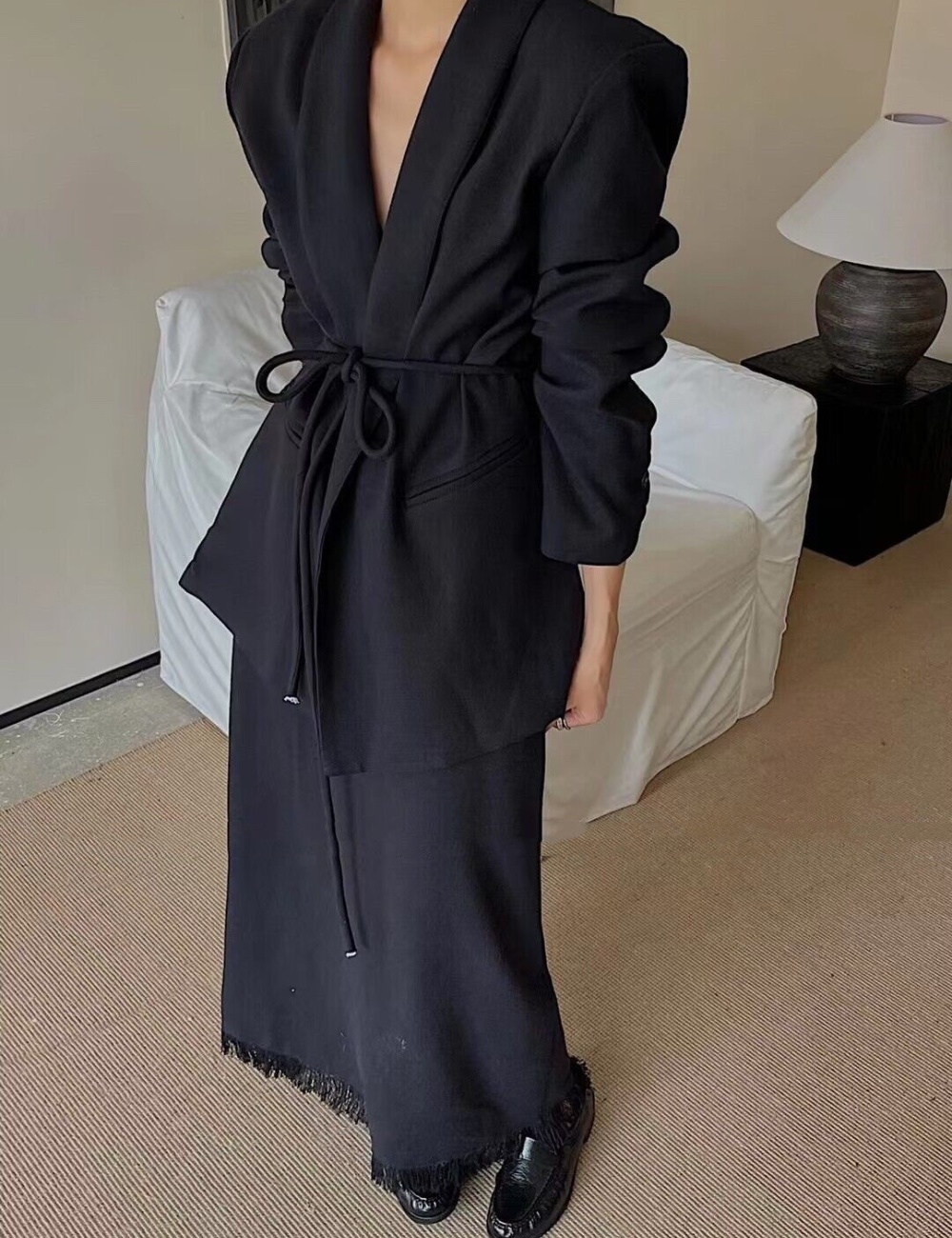 Tassels business suit long coat 2pcs set for women