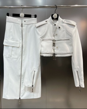 Package hip zip coat long sleeve PU short skirt 2pcs set