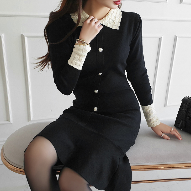 Korean style doll collar mixed colors splice dress for women