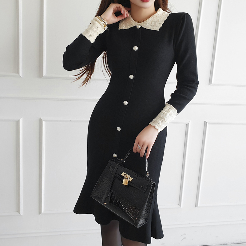 Korean style doll collar mixed colors splice dress for women