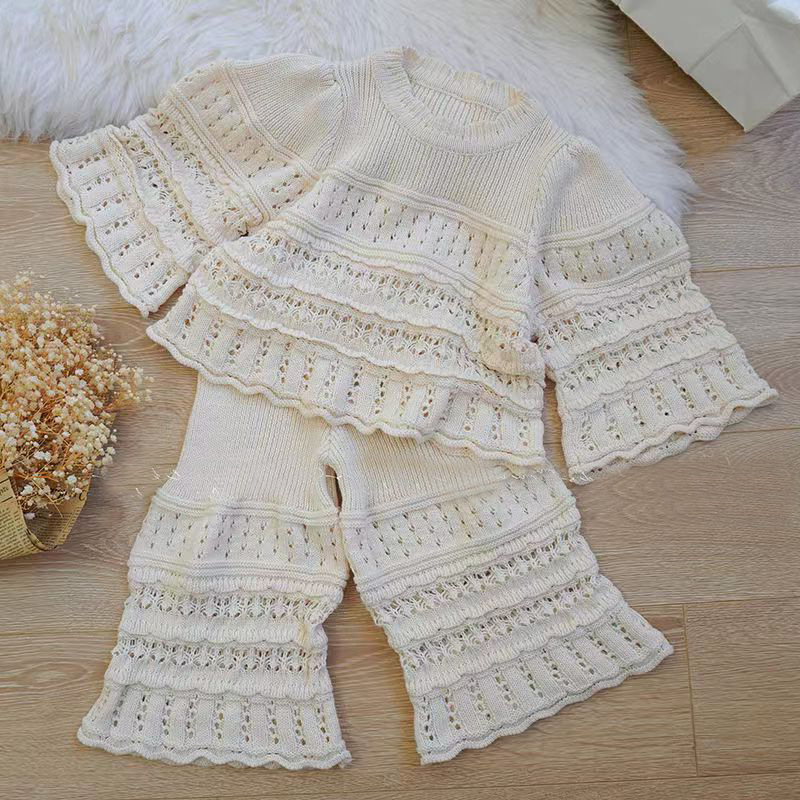 Lovely baby wide leg pants knitted girl tops a set