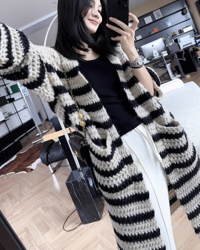 Knitted long mixed colors tops loose stripe cardigan