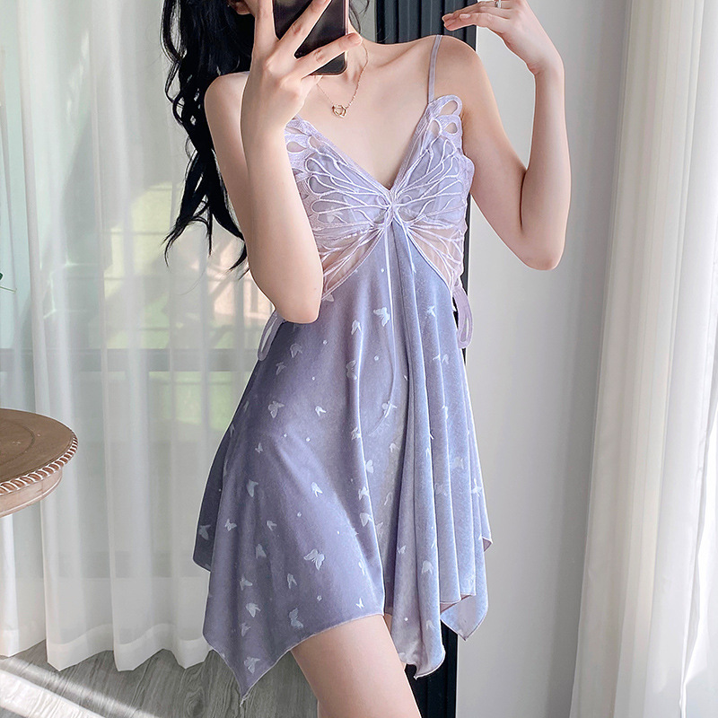 Sexy with chest pad night dress printing pajamas 2pcs set for women