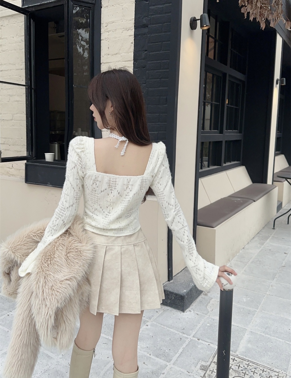 Halter lace beading long sleeve bow short tops for women