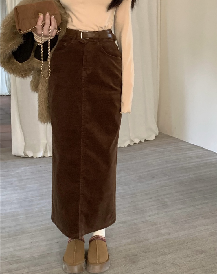 Autumn and winter retro skirt with belt long dress