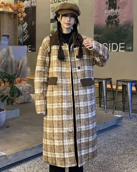 Plaid long overcoat woolen exceed knee coat for women