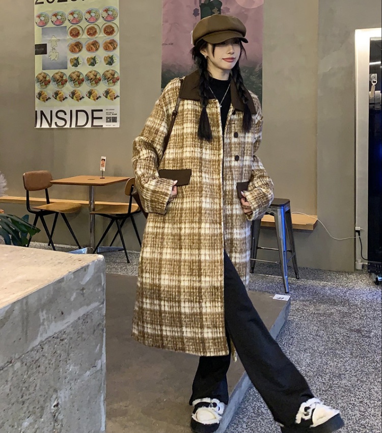 Plaid long overcoat woolen exceed knee coat for women