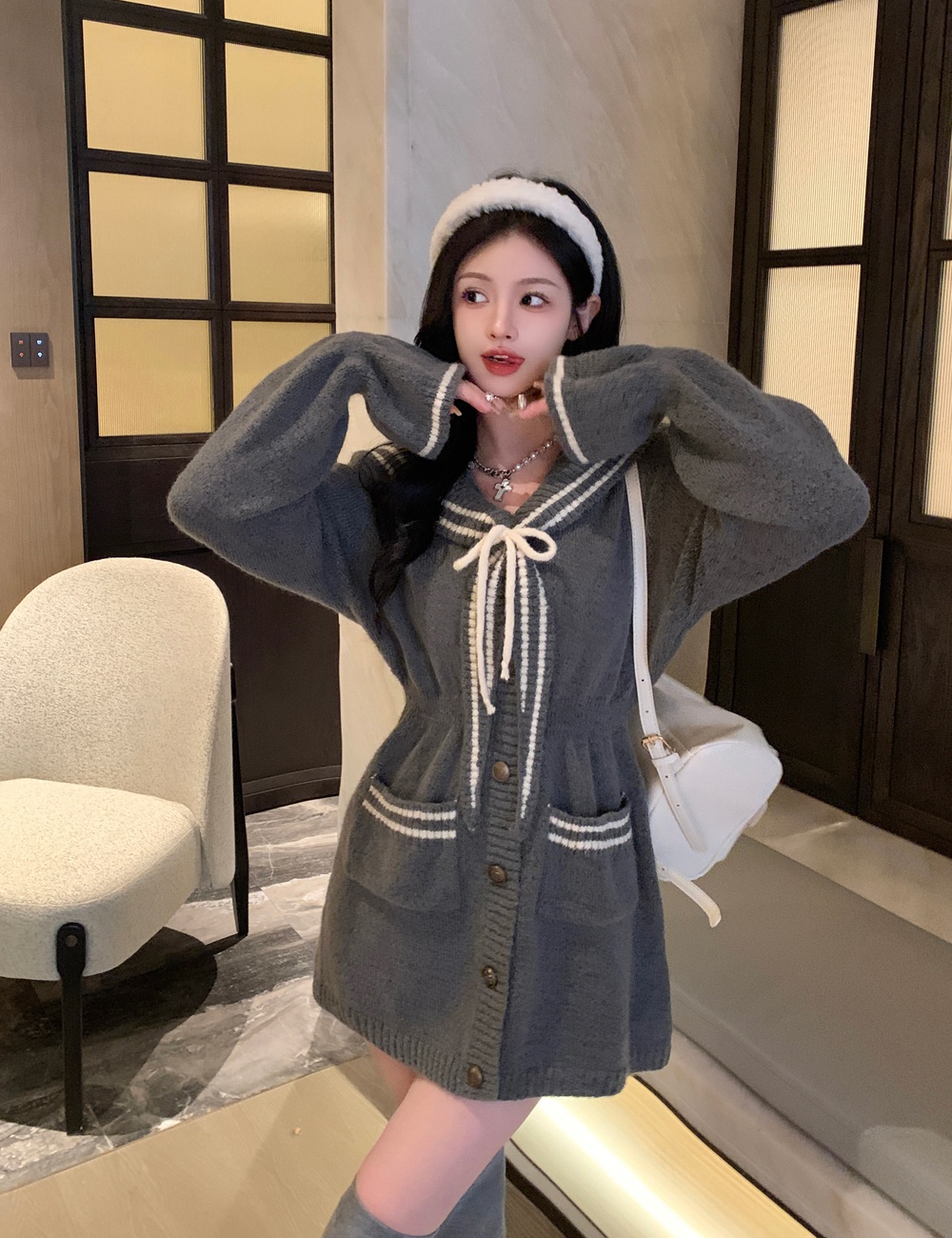 Woolen knitted thermal gray navy collar cosplay for women