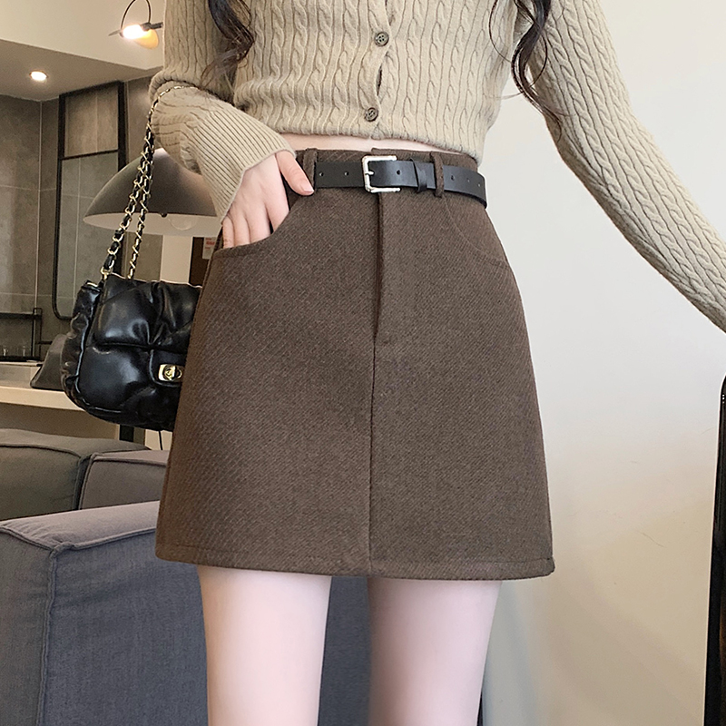 Woolen with belt short skirt high waist boots pants