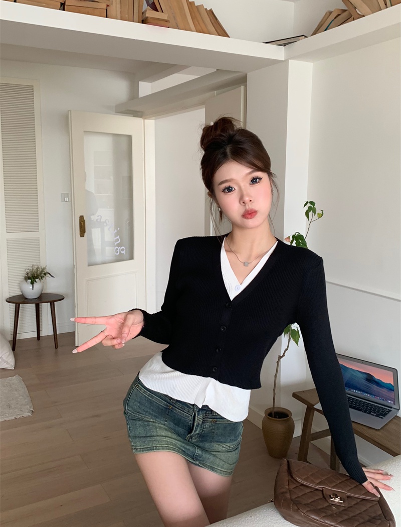 V-neck spicegirl sweater long sleeve irregular tops