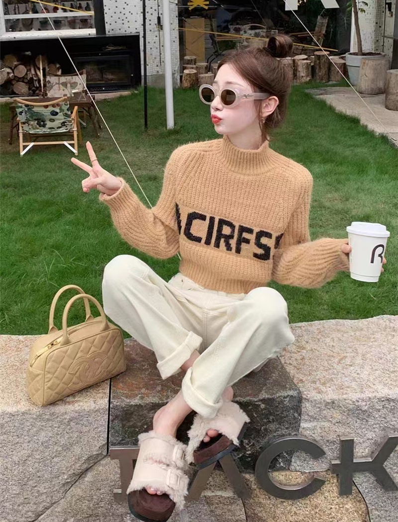 High collar all-match knitted sweater letters short tops