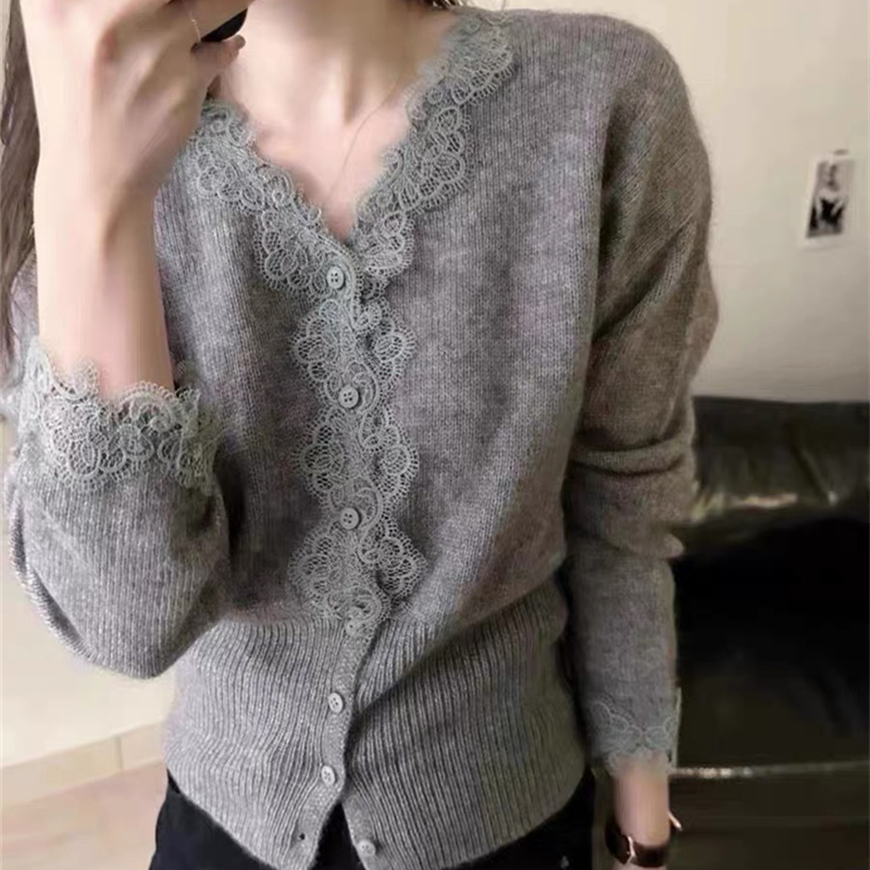 Lace knitted sweater splice V-neck cardigan for women
