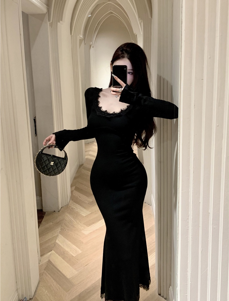 Pinched waist stitching collar long dress long sleeve dress