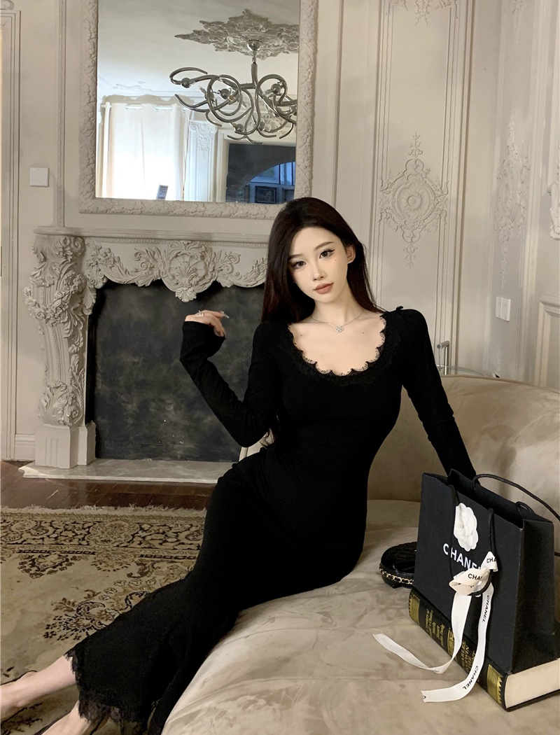 Pinched waist stitching collar long dress long sleeve dress