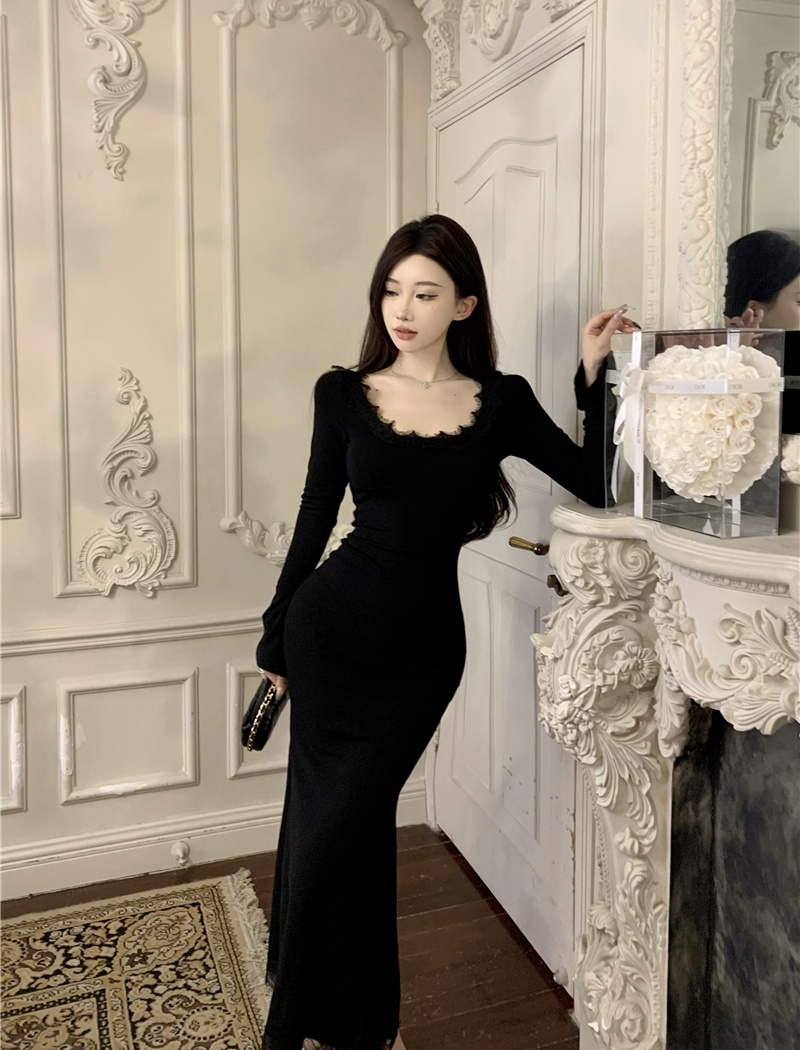 Pinched waist stitching collar long dress long sleeve dress