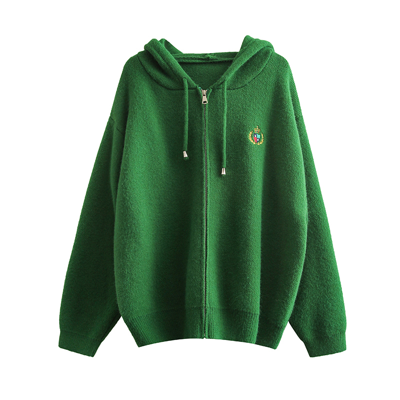 Loose thick knitted hooded badge embroidery pure coat