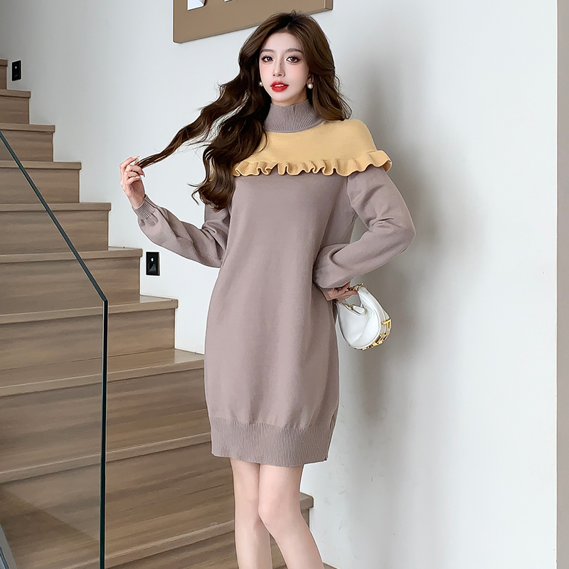 Retro mixed colors sweater tender package hip dress