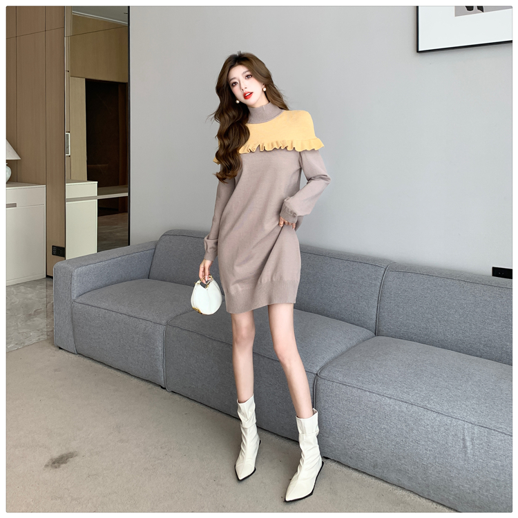 Retro mixed colors sweater tender package hip dress