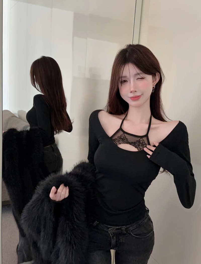 Black halter unique T-shirt lace sexy bottoming shirt for women