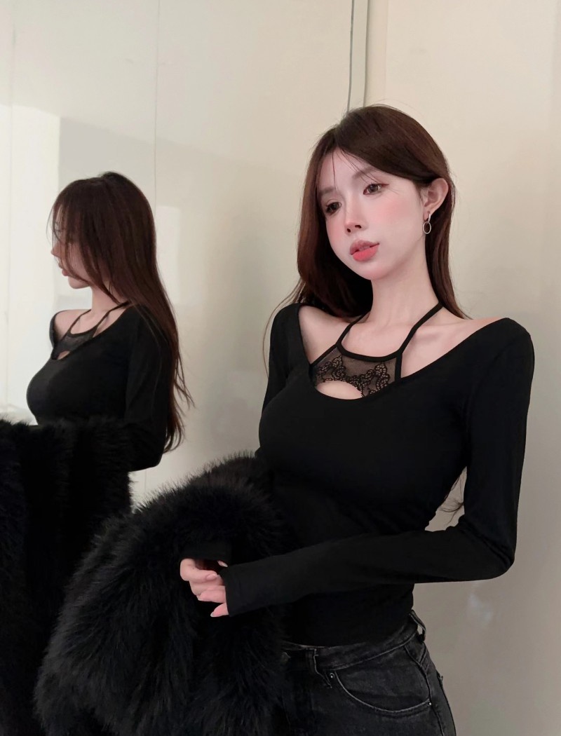 Black halter unique T-shirt lace sexy bottoming shirt for women