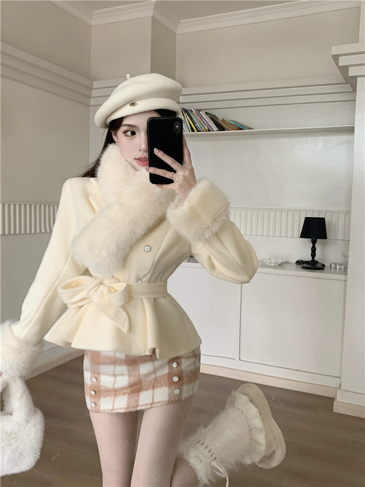 Package hip fluffy woolen coat high waist skirt a set